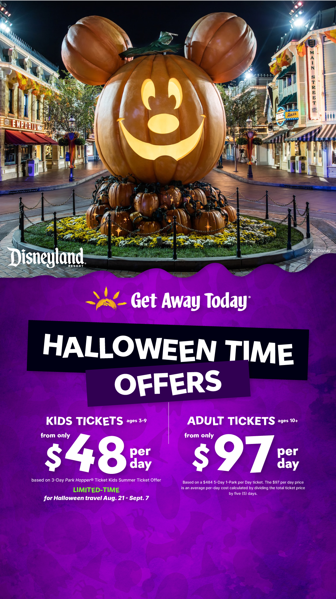 Halloween Time offer: Disneyland kids tickets from $48 per day
